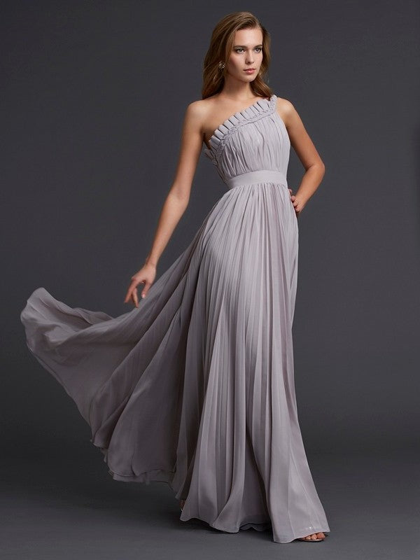 Pleats One-Shoulder Sleeveless A-Line/Princess Long Chiffon Dresses
