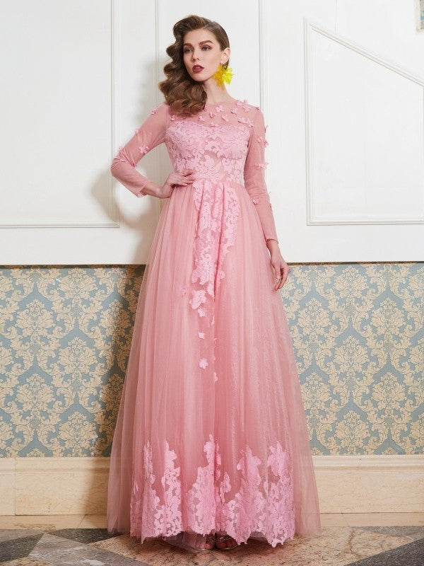 Sleeves 3/4 Floor-Length Scoop A-Line/Princess Applique Tulle Dresses