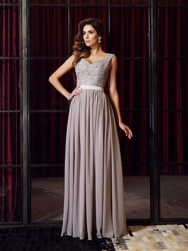 Straps Sleeveless A-Line/Princess Applique Long Chiffon Dresses