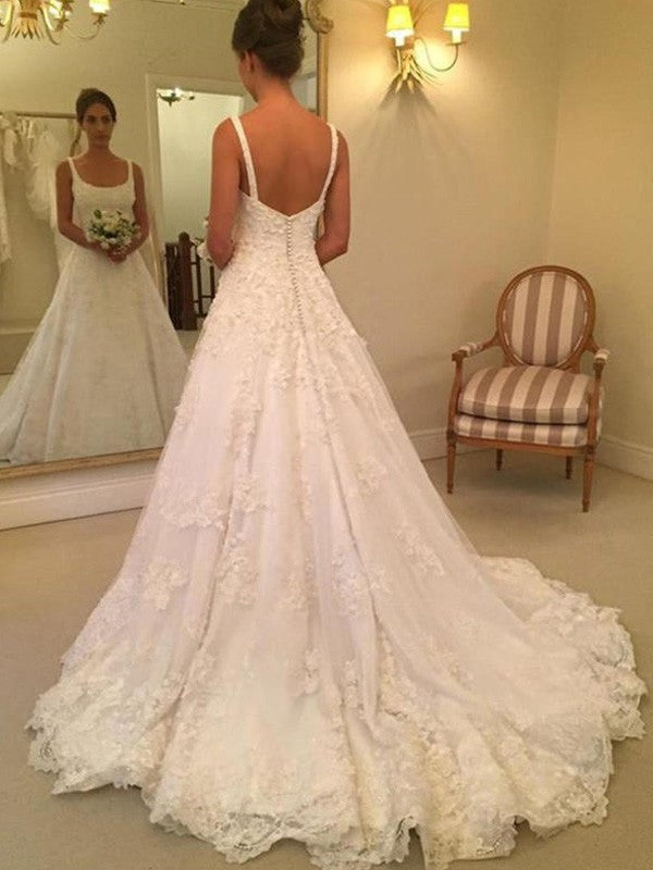 Straps Sleeveless A-Line/Princess Court Train Square Applique Lace Wedding Dresses