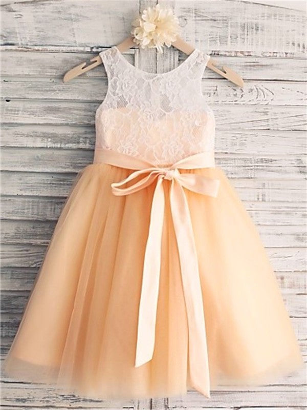 Sleeveless Tulle Tea-Length Sash/Ribbon/Belt A-line/Princess Scoop Flower Girl Dresses