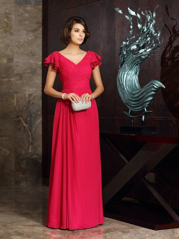 Sleeves of A-Line/Princess Long Short Ruched V-neck Mother Chiffon the Bride Dresses
