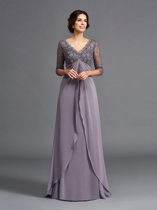 Lace Chiffon Mother V-neck A-Line/Princess Sleeves Long 3/4 of the Bride Dresses