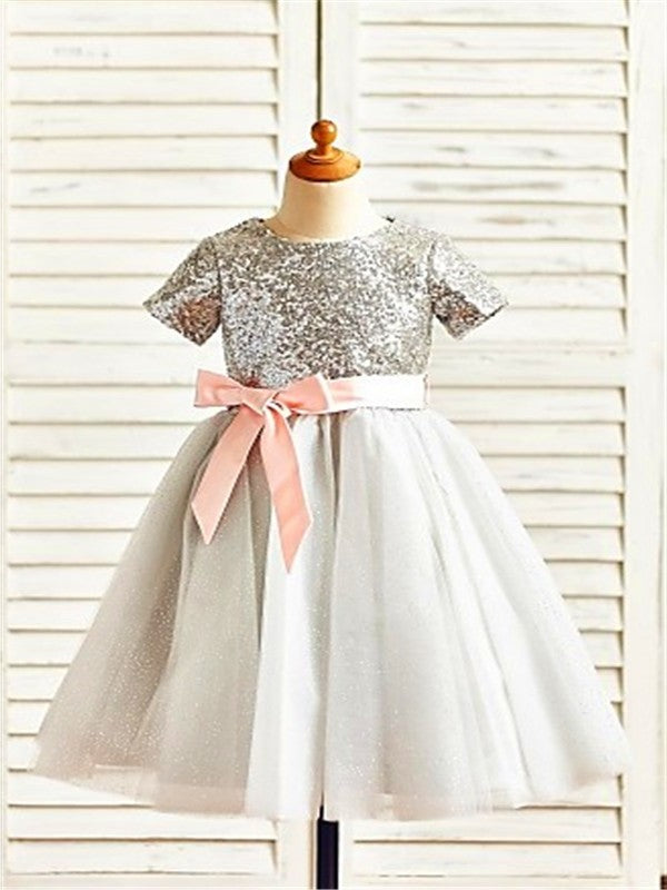 Sequin A-line/Princess Sleeves Scoop Short Tea-Length Tulle Flower Girl Dresses
