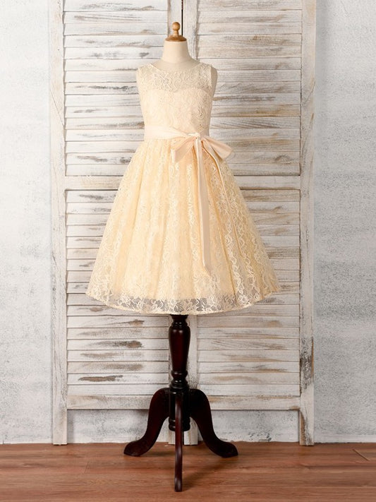 A-Line/Princess Scoop Sleeveless Sash/Ribbon/Belt Lace Tea-Length Flower Girl Dresses