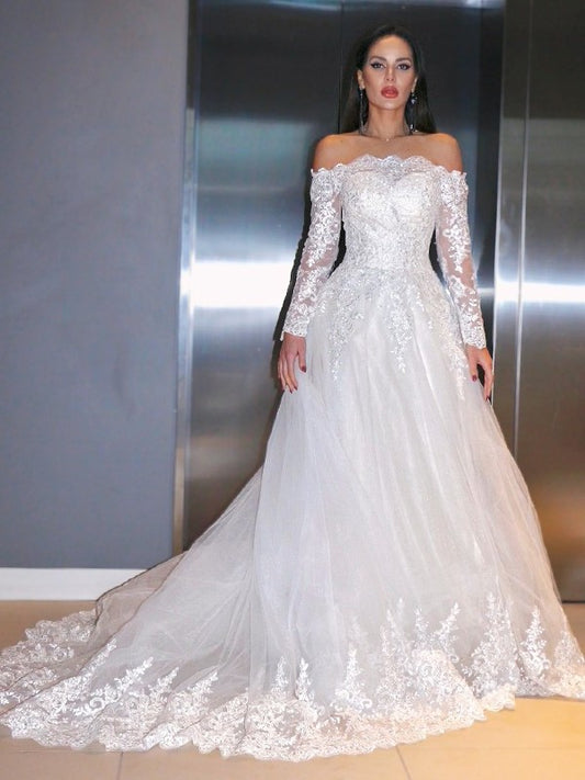 Sweep/Brush Applique Long Sleeves Lace A-Line/Princess Off-the-Shoulder Train Wedding Dresses