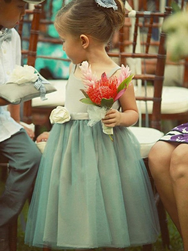 Flower Tea-Length Sleeveless Hand-Made A-Line/Princess Square Tulle Flower Girl Dresses