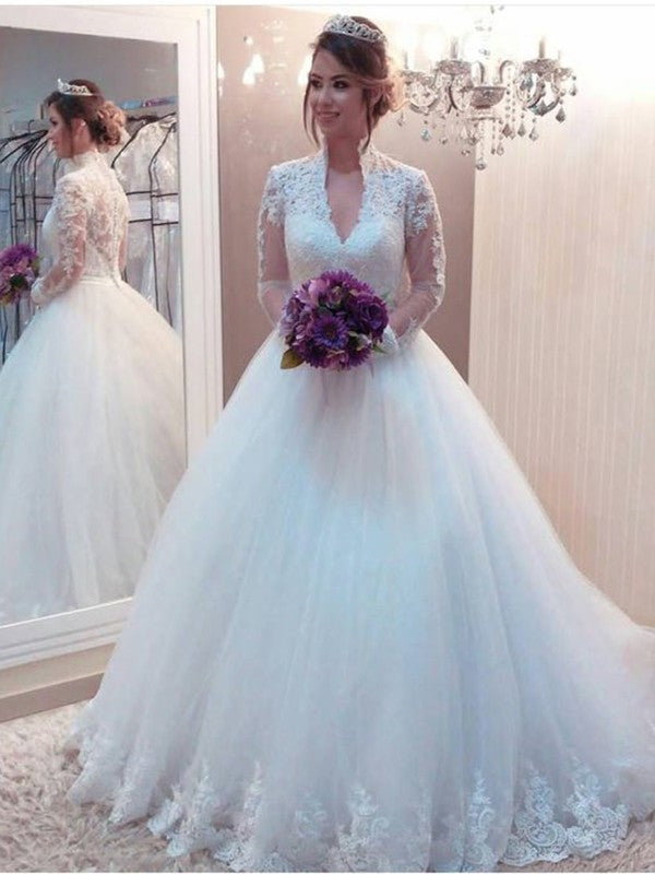 Sweep/Brush High Long Applique Sleeves Gown Tulle Neck Ball Train Wedding Dresses