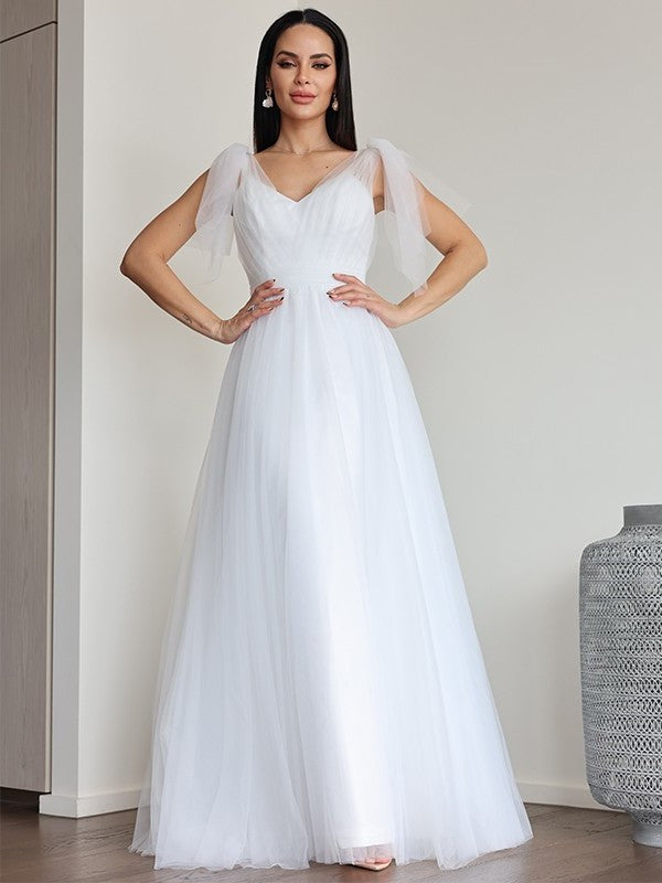 V-neck Sleeveless Tulle Ruffles A-Line/Princess Floor-Length Wedding Dresses