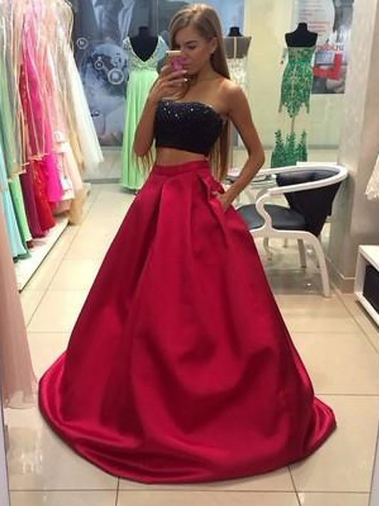 Sleeveless A-Line/Princess Beading Tulle Strapless Floor-Length Two Piece Dresses