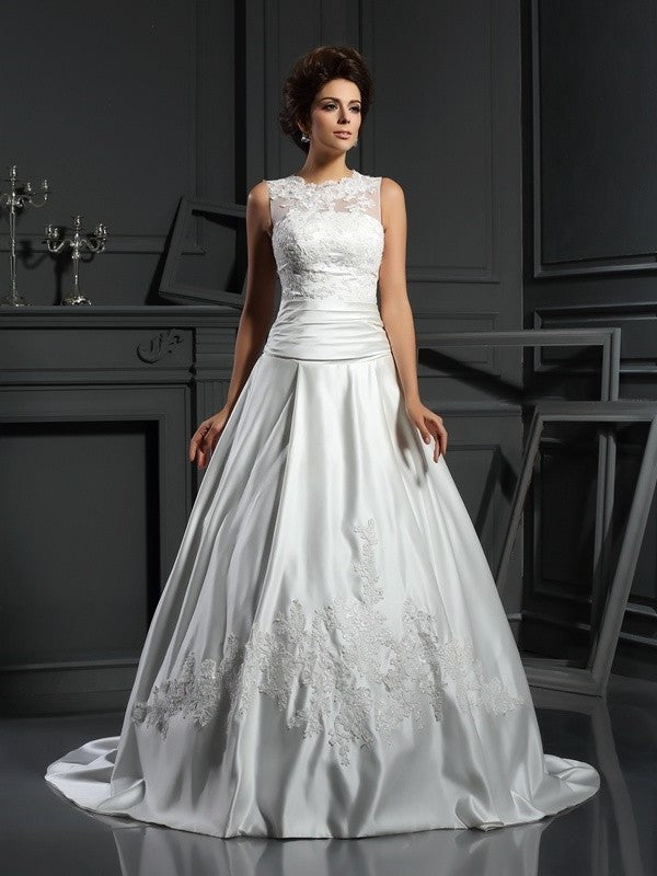 High Applique A-Line/Princess Long Neck Sleeveless Satin Wedding Dresses