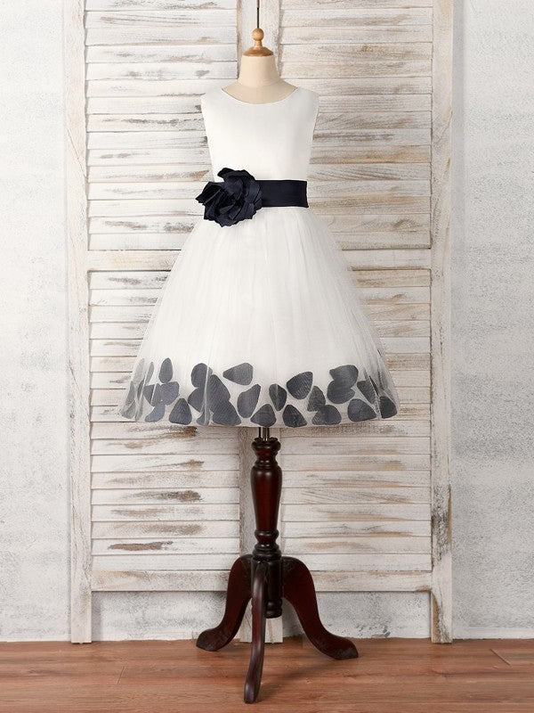 Scoop Tulle A-Line/Princess Sleeveless Hand-Made Tea-Length Flower Flower Girl Dresses