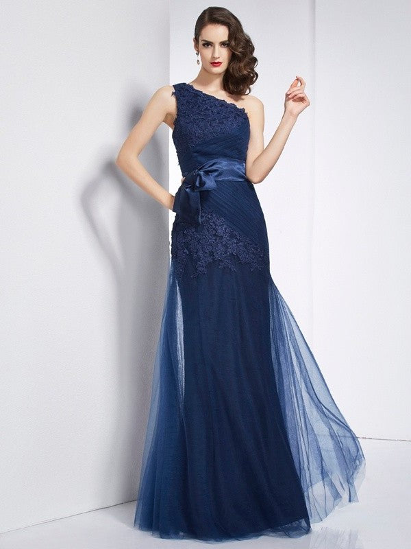 One-Shoulder Applique A-Line/Princess Sleeveless Long Net Dresses