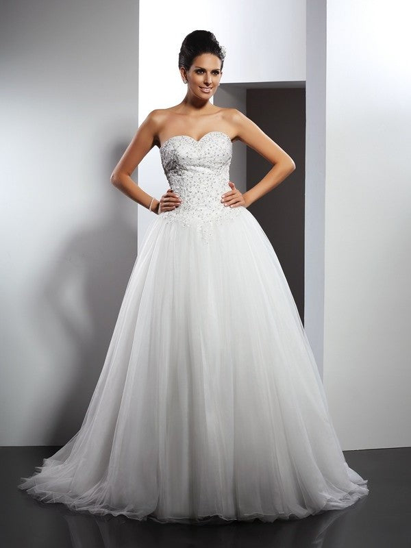 Sweetheart A-Line/Princess Long Sleeveless Applique Net Wedding Dresses