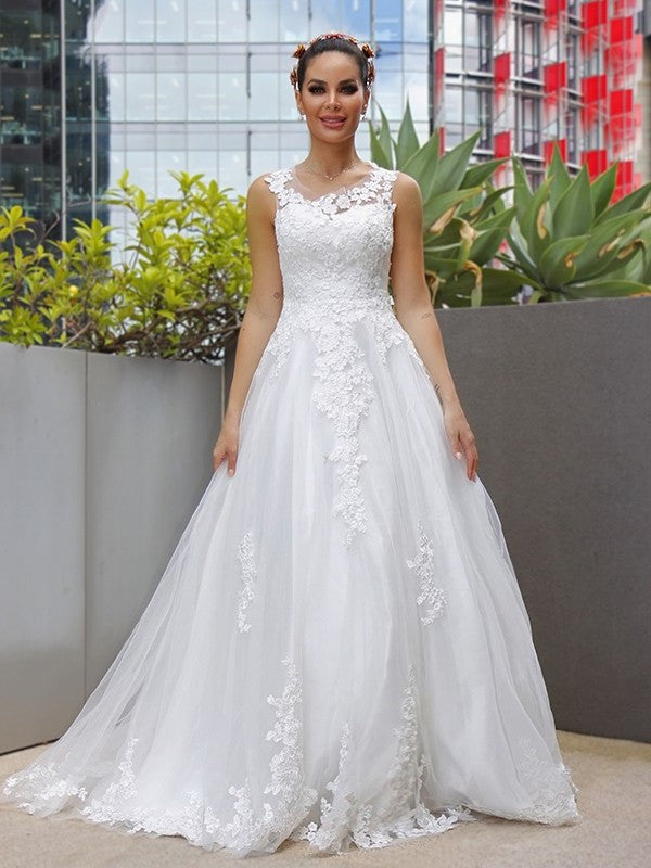 Tulle Sweep/Brush Lace Scoop A-Line/Princess Sleeveless Train Wedding Dresses