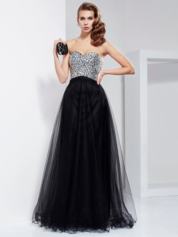 Sleeveless A-Line/Princess Sweetheart Long Beading Elastic Crystal Woven Satin Dresses
