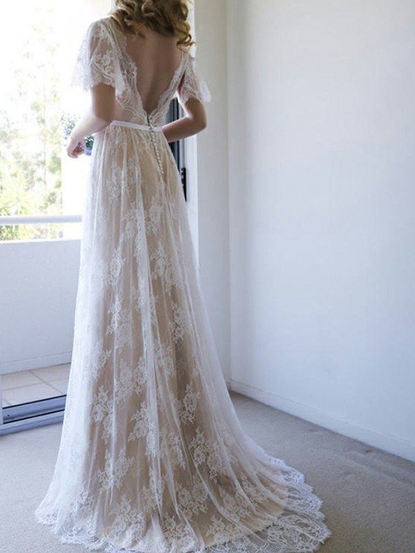 Sash/Ribbon/Belt Lace A-Line/Princess Short V-neck Sleeves Sweep/Brush Train Wedding Dresses
