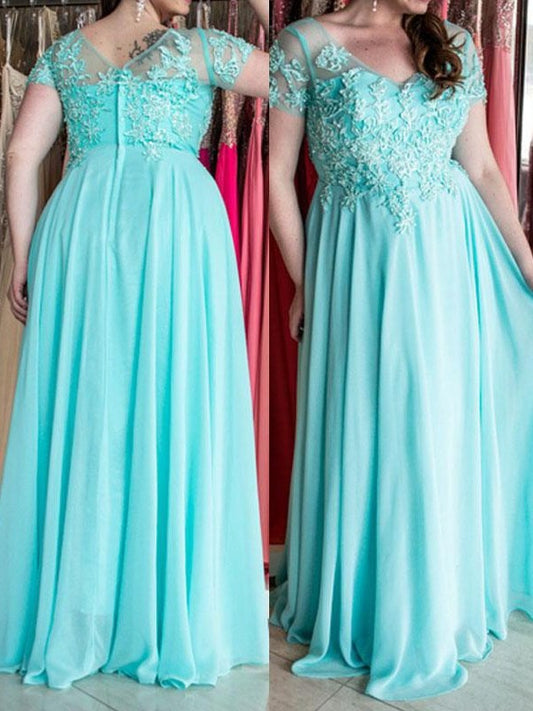Sweetheart Applique Chiffon A-Line/Princess Short Sleeves Floor-Length Plus Size Dresses