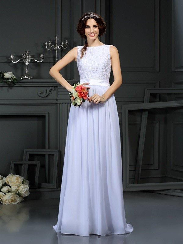 Scoop Long Lace Sleeveless A-Line/Princess Chiffon Wedding Dresses
