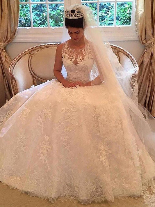 Court Applique Scoop Lace A-Line/Princess Train Sleeveless Wedding Dresses