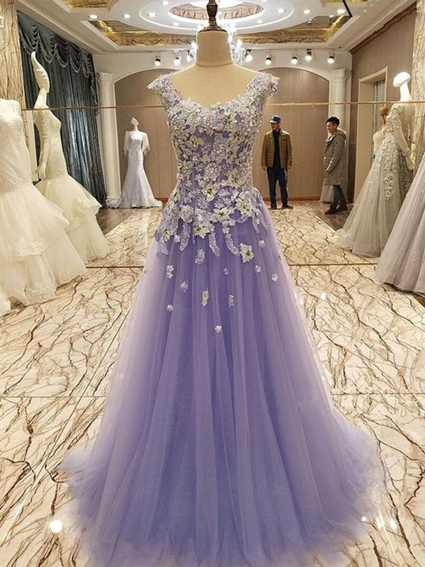 Floor-Length Scoop A-Line/Princess Sleeveless Applique Tulle Dresses