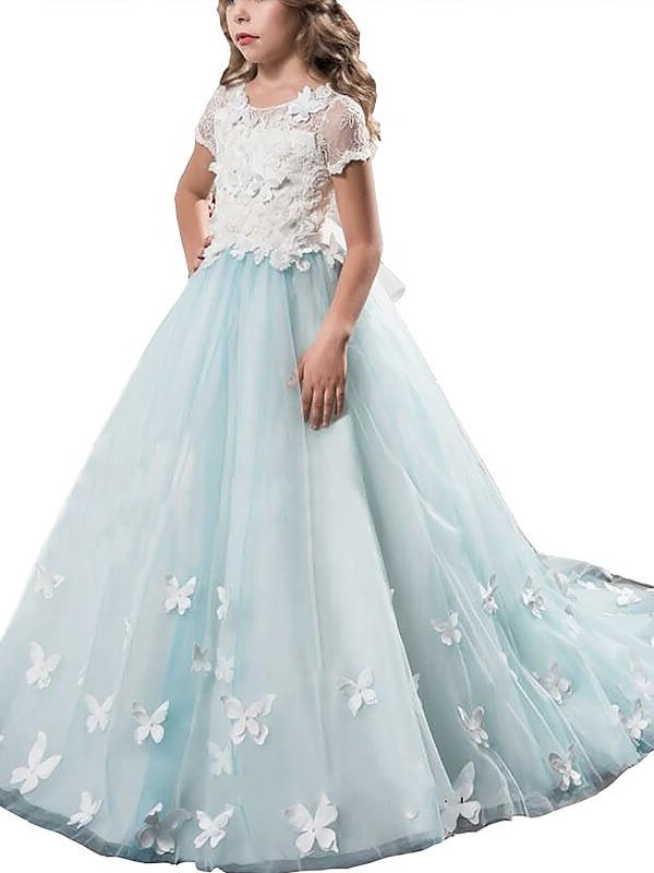 Sleeves Lace Scoop Floor-Length Tulle A-line/Princess Short Flower Girl Dresses