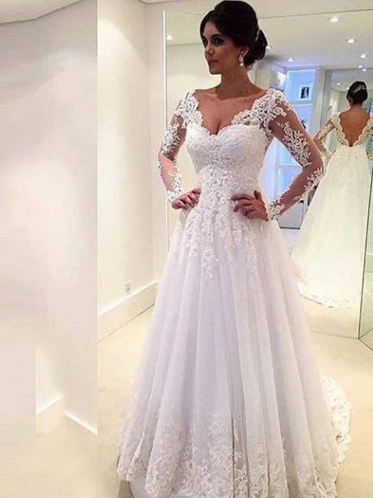 Sleeves V-neck Ball Long Sweep/Brush Train Lace Gown Tulle Wedding Dresses