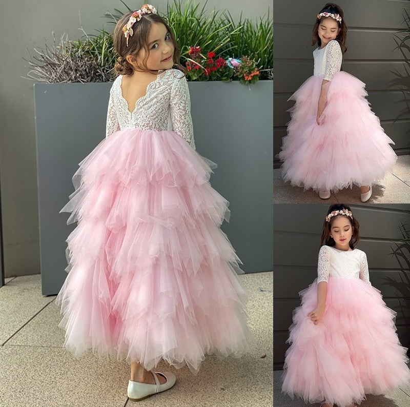 Lace Ankle-Length Sleeves 3/4 A-Line/Princess Scoop Tulle Flower Girl Dresses