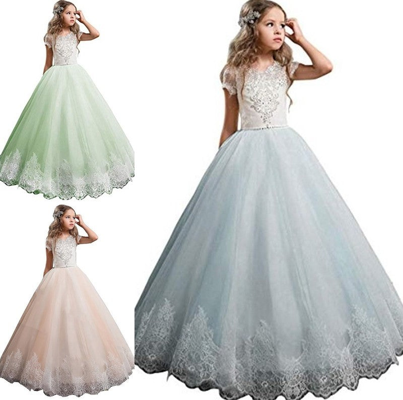 Tulle Ball Short Sleeves Floor-Length Gown V-neck Lace Flower Girl Dresses