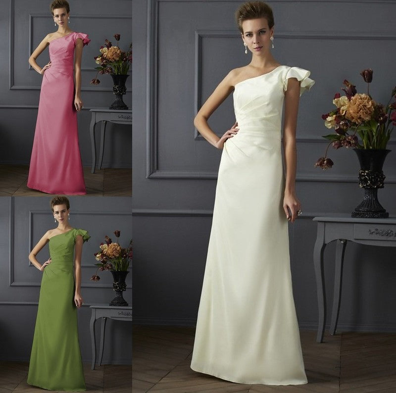 Woven Pleats One-Shoulder Sheath/Column Long Elastic Sleeveless Satin Bridesmaid Dresses