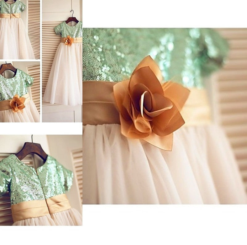 Tea-Length Sequin Sleeves Scoop Tulle Short A-line/Princess Flower Girl Dresses