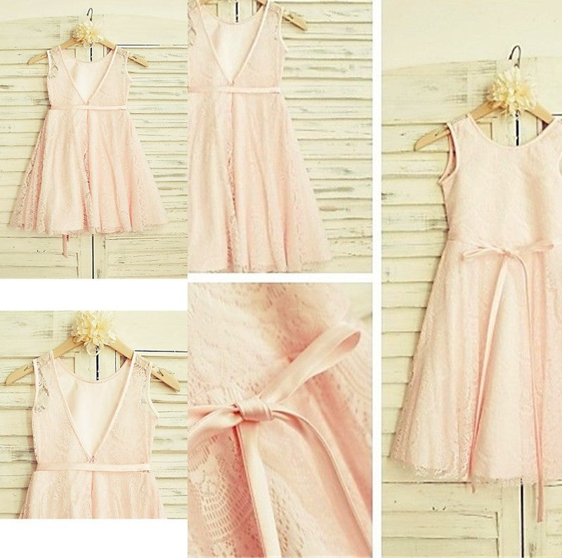 Lace Scoop Sleeveless A-line/Princess Tea-Length Sash/Ribbon/Belt Flower Girl Dresses