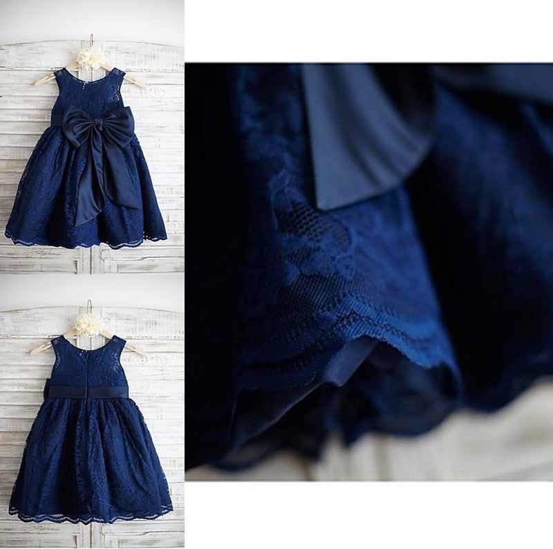 Bowknot Lace A-line/Princess Scoop Tea-Length Sleeveless Flower Girl Dresses