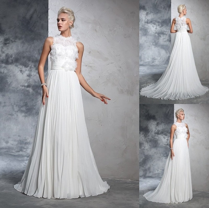 A-Line/Princess Pleats Neck Long Sleeveless High Chiffon Wedding Dresses