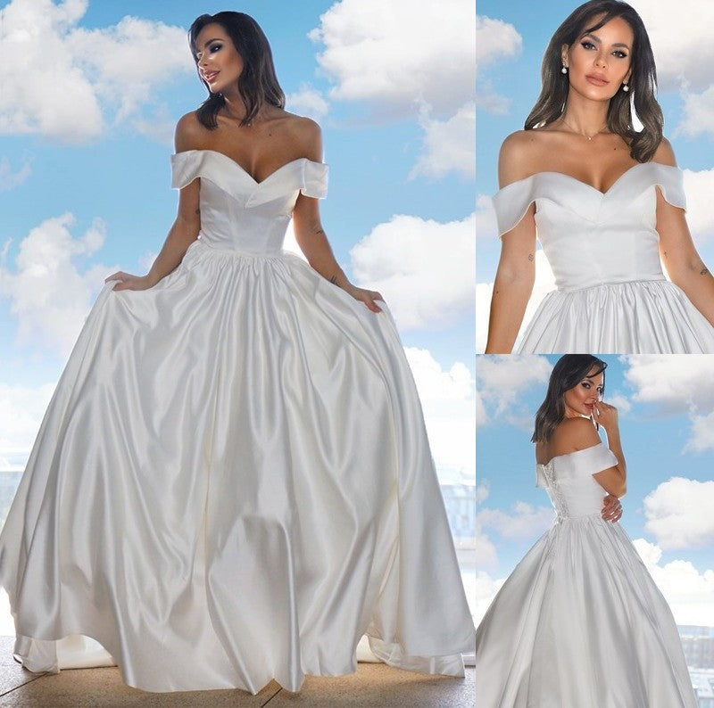 Court Gown Ruffles Satin Sleeveless Ball Off-the-Shoulder Train Wedding Dresses
