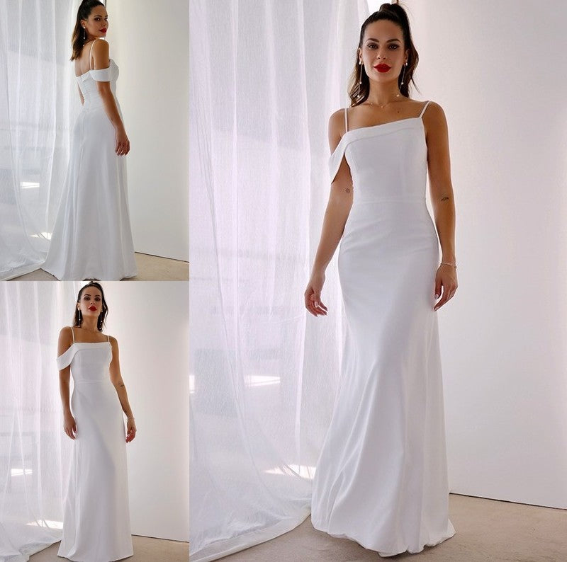 Ruched Satin Straps Sleeveless Spaghetti Sheath/Column Floor-Length Wedding Dresses