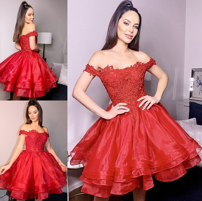 Cut Gown Short With Ball Applique Off-the-Shoulder Organza Homecoming Dresses