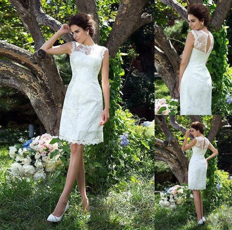 Sleeveless Applique A-Line/Princess Short Neck Sheer Satin Wedding Dresses