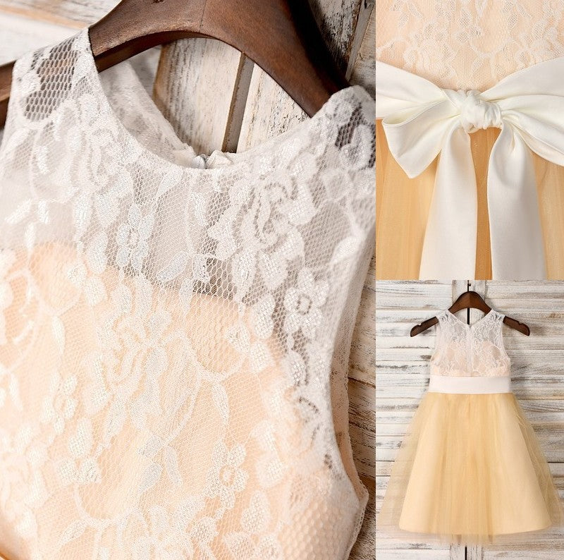 Scoop A-Line/Princess Sash/Ribbon/Belt Tea-Length Tulle Sleeveless Flower Girl Dresses