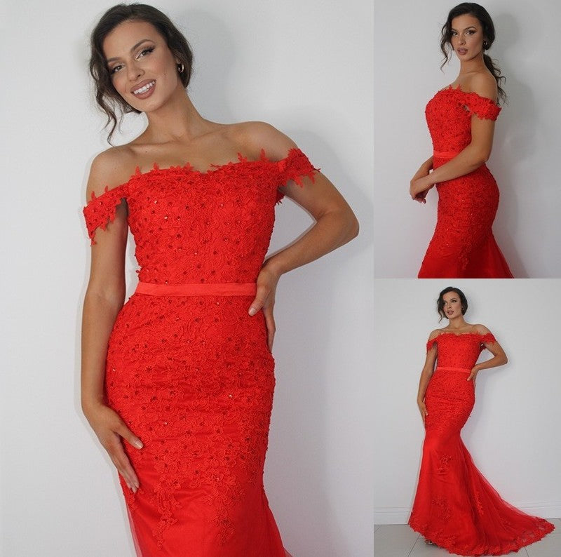 Applique Trumpet/Mermaid Off-the-Shoulder Tulle Sleeveless Sweep/Brush Train Dresses