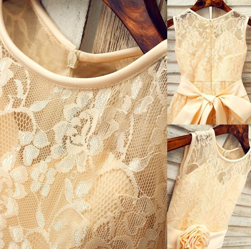 Sleeveless Lace Tea-Length Scoop A-Line/Princess Sash/Ribbon/Belt Flower Girl Dresses