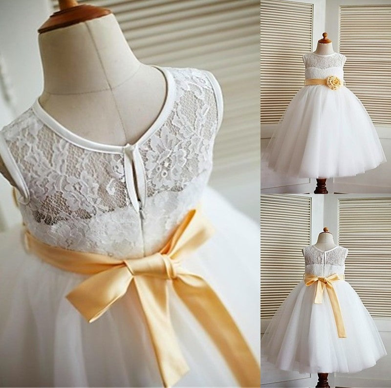 Lace A-line/Princess Tulle Sleeveless Scoop Tea-Length Flower Girl Dresses