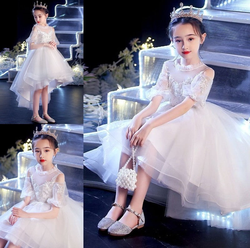 A-Line/Princess Asymmetrical Scoop Short Sleeves Applique Tulle Flower Girl Dresses