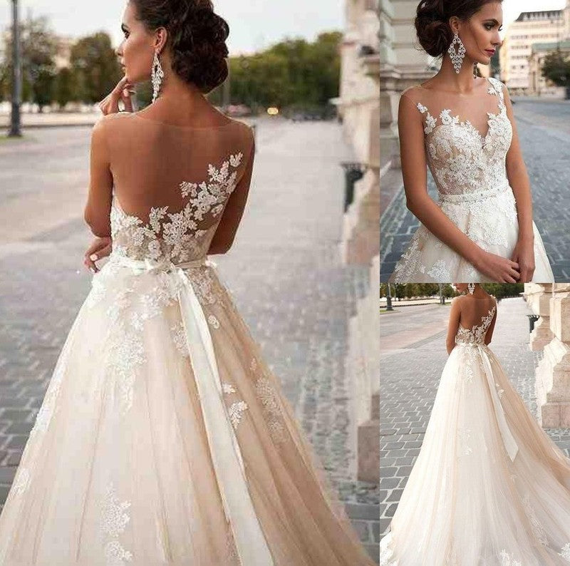 Court Applique Scoop A-Line/Princess Tulle Sleeveless Train Wedding Dresses