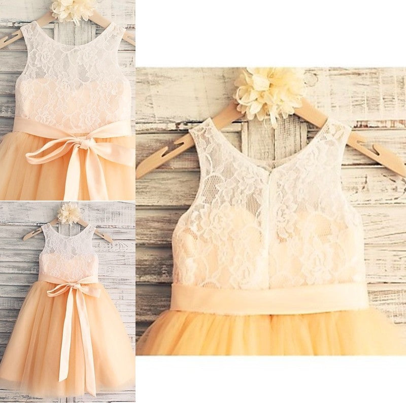 Sleeveless Tulle Tea-Length Sash/Ribbon/Belt A-line/Princess Scoop Flower Girl Dresses