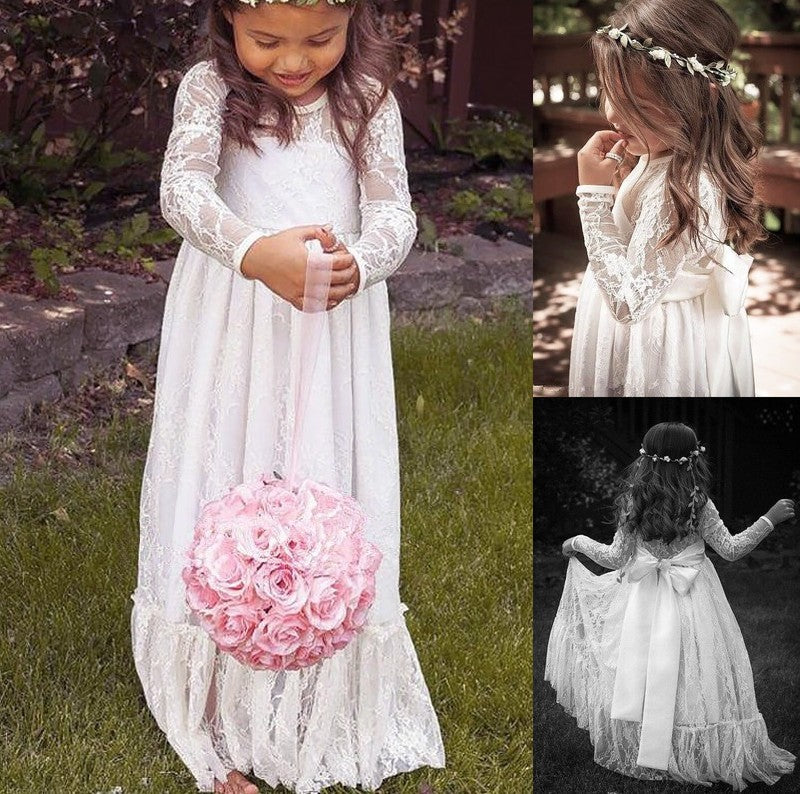 Floor-Length A-Line/Princess Sleeves Bowknot Lace Long Jewel Flower Girl Dresses