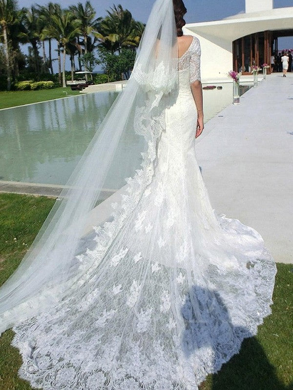 Sleeves Trumpet/Mermaid Train Cathedral Square Applique 1/2 Lace Wedding Dresses
