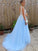 Sleeveless Train A-Line/Princess Sweep/Brush V-neck Applique Tulle Dresses