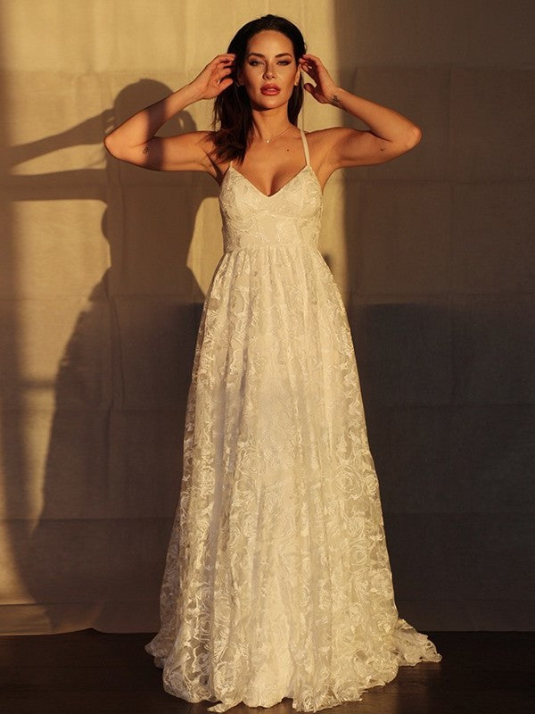 Sweep/Brush V-neck A-Line/Princess Lace Applique Sleeveless Train Wedding Dresses