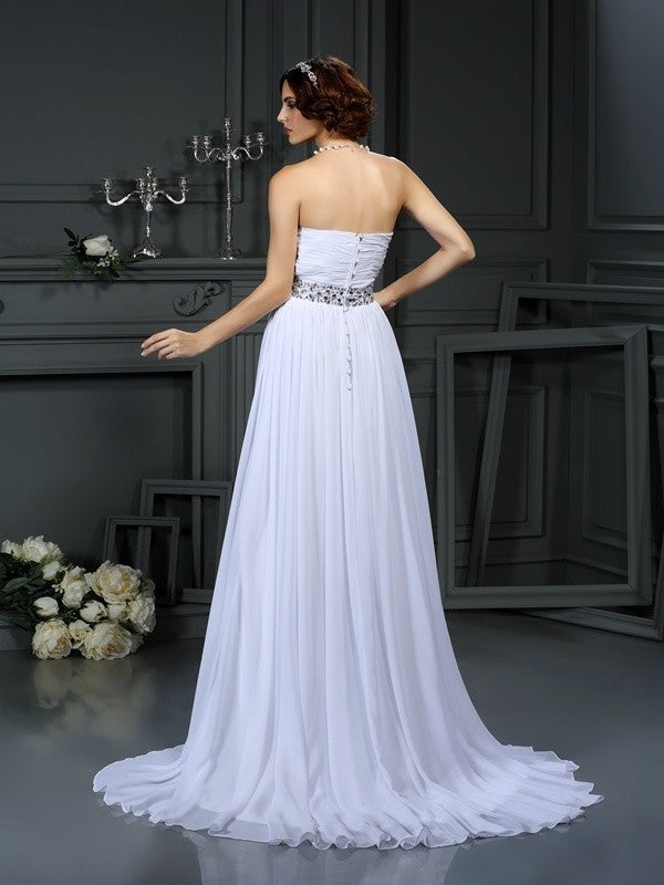 Sweetheart Sleeveless Long A-Line/Princess Beading Chiffon Wedding Dresses